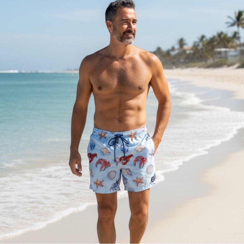 NWT Psycho Tuna Men’s Blue Tropical Crab Print Swim Shorts - Size M